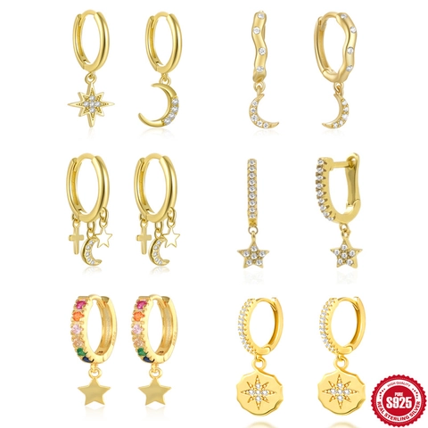925 Sterling Silver Earring Post Asymmetrical Star Moon Hoop Earrings Gold Silver Color Zirconia Inlaid Bohemian Fashion Jewelry