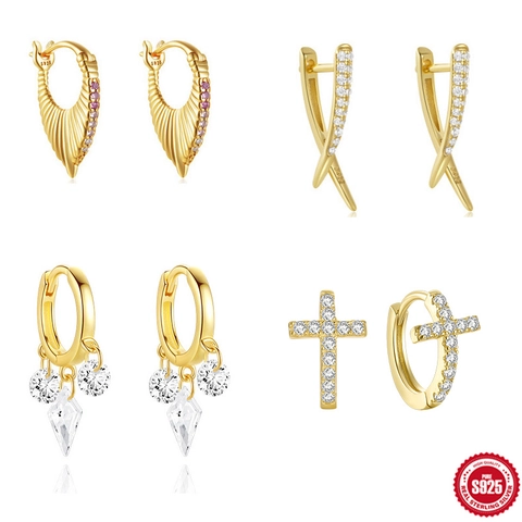 925 Sterling Silver Earrings For Women Gold Platinum Plated AAAAA Zirconia Fan Shape Cross Geometric Stud Hoop Earrings Jewelry