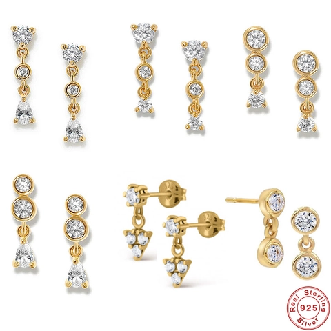 925 Sterling Silver Zirconia Drop Earrings For Women Gold Plated Geometric Cluster Tassel Stud Earrings Bridal Wedding Party Jewelry Gift