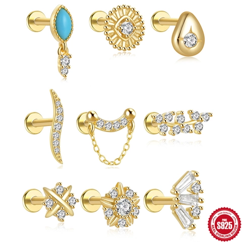 S925 Sterling Zilver Draadloze Push In Kraakbeen Oorknopje Voor Vrouwen Turkoois AAAAA Zirkonia Geometrisch Bloem Ster Blad Flat Back Piercing Sieraden