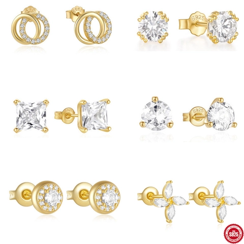 Boucles d'Oreilles Clous en Argent Sterling 925 avec Zircone pour Femmes Plaqué Or Or Blanc Classique Géométrique Rond Carré Fleur Strass Mariage Bijoux Cadeau