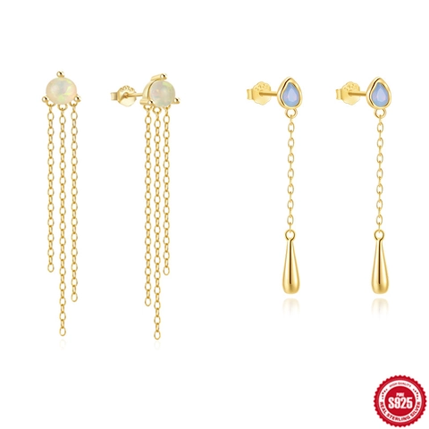 925 Sterling Silver Opal Tassel Chain Ear Thread Stud Earrings For Women Gold Silver Plated Long Drop Elegant Jewelry Gift