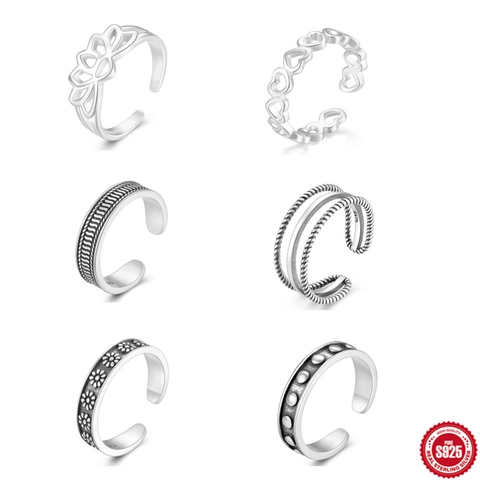 S925 Sterling Silver Lotus Heart Open Toe Rings For Women Adjustable Minimalist Zircon Vintage Beach Jewelry Finger Ring