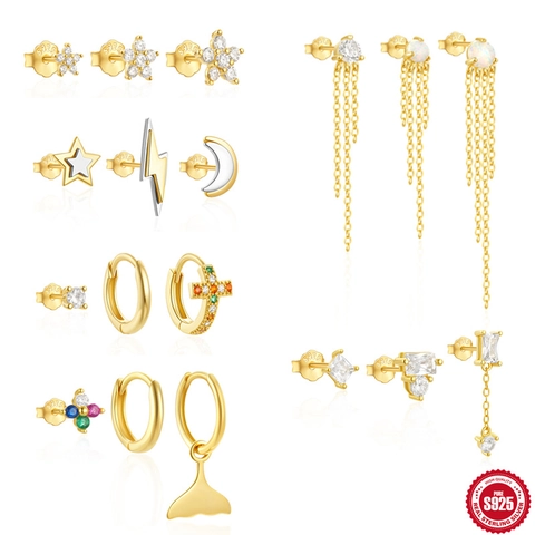 Set Orecchini a Lobo in Argento Sterling 925 per Donna Zirconia Opale Stella Luna Fulmine Croce Coda di Pesce Nappa Gioielli