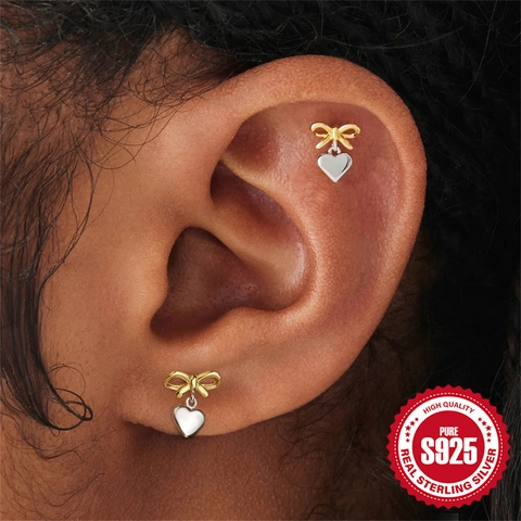925 Sterling Silver Bowknot Heart Stud Earrings For Women Gold Plated Zirconia Pink Cats Eye Stone Dangle Earrings Jewelry
