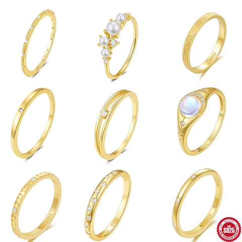 925 Sterling Silber Vergoldeter Ring Für Damen Minimalistisch Künstliche Perle Mondstein Zirkonia Stern Mondphase Verlobung Hochzeit Schmuck Geschenk