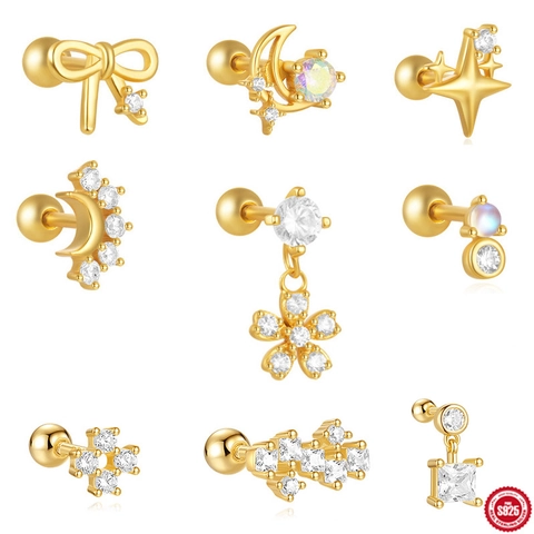 Boucles d'Oreilles à Vis en Argent Sterling S925 Avec Zircone et Pierre de Lune Design Unique Nœud Lune Étoile Fleur Bijoux Piercing pour Femme