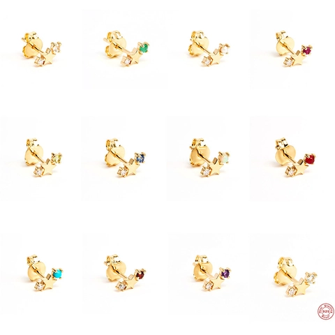 Star Zodiac Birthstone Stud Earrings With 925 Sterling Silver Earring Post Colorful Cubic Zirconia Constellation Jewelry