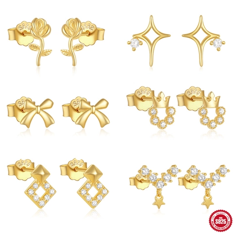 925 Sterling Silber Ohrstecker Für Damen Vergoldet Rose Blume Schleife Stern Krone Geometrische Zirkonia Ohrringe Schmuck Geschenk