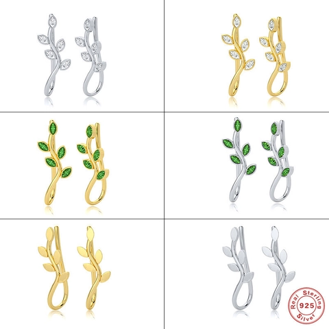 925 Sterling Silver Leaf Ear Crawlers Branch Climber Earrings With Marquise Zirconia Gold Platinum Plated Botanical Jewelry