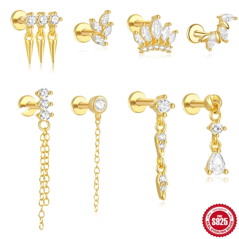 Boucle d'Oreille Cartilage en Argent Sterling 925 Piercing Bijoux Or Zircone Couronne Feuille Pointe Chaîne Labret