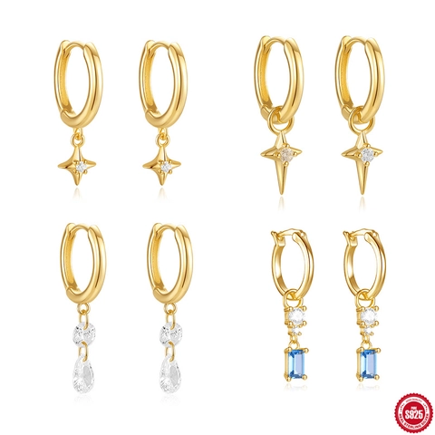 S925 Sterling Silver North Star Hoop Earrings For Women Gold Plated Zirconia Geometric Dangle Earrings Daily Jewelry Gift