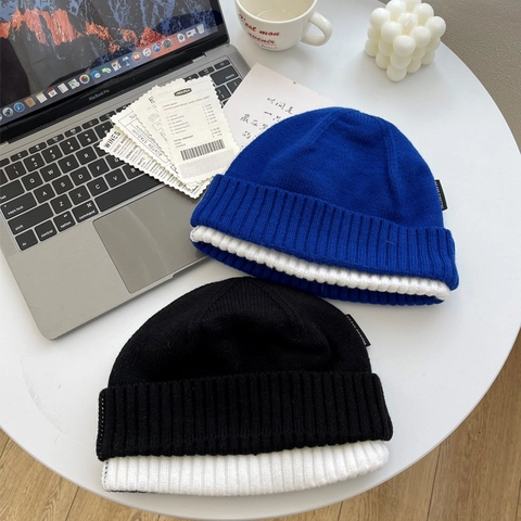 Japanischer Stil Klein Blau Strickmütze Für Herren Damen Herbst Winter Warm Acryl Farbblock Rippstrick Totenkopfkappe Täglich Lässig Kopfbedeckung