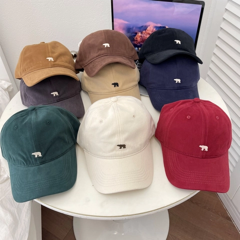 Casquette de Baseball en Mélange de Coton Brossé Style Coréen Pour Hommes Femmes Broderie Ours Minimaliste Chapeau de Soleil Ajustable Extérieur