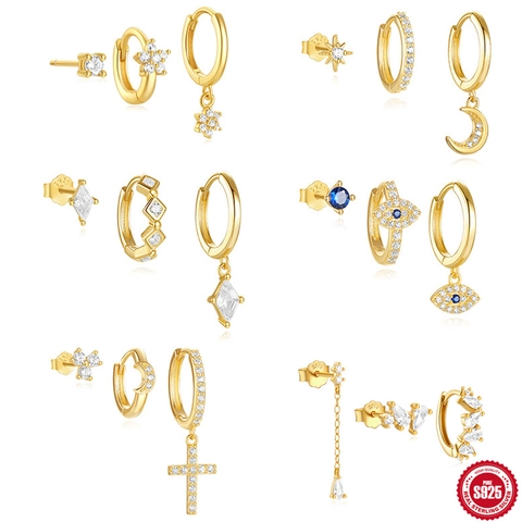 925 Sterling Silver Gold Plated Earring Set For Women Flower Star Moon Evil Eye Cross Zirconia Stud Hoop Earrings Jewelry