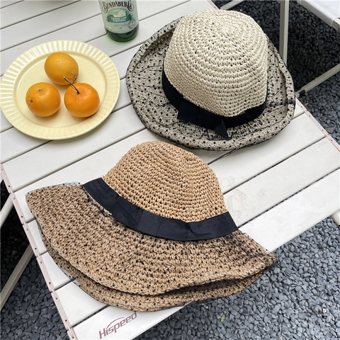 Elegante Dames Strohoed Met Brede Rand Polka Dot Mesh En Strik Ademend Opvouwbaar Zonnehoed Voor Strand Zomer Reizen