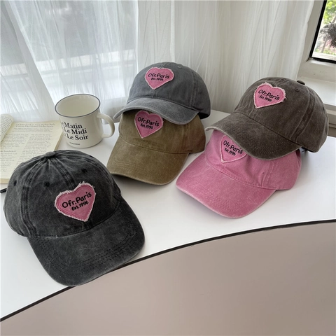 Gorra de Béisbol Retro de Algodón Lavado Mujer Hombre Parche de Bordado de Corazón Letra de París Envejecido Sombrero de Sol Ajustable Accesorio de Moda Casual