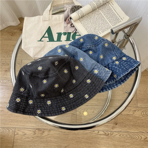 Damen Casual Washed Denim Fischerhut Mit Gänseblümchen Stickerei Retro Sonnenschutz Outdoor Hut Sommer Kappe
