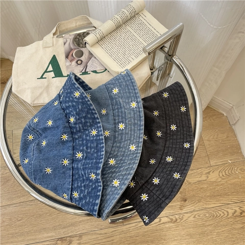 Damen Casual Washed Denim Fischerhut Mit Gänseblümchen Stickerei Retro Sonnenschutz Outdoor Hut Sommer Kappe