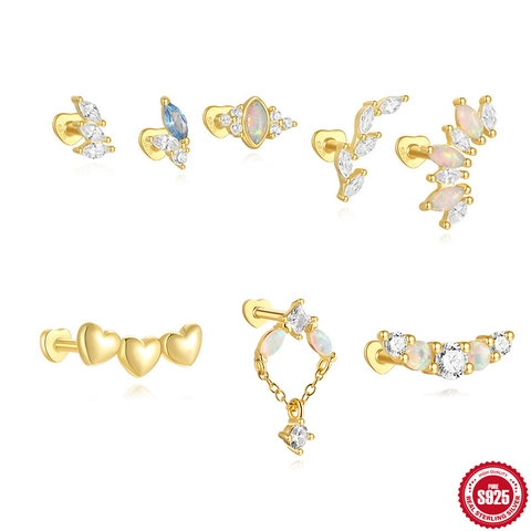 925 Sterling Silver Opal Zirconia Labret Stud Earring For Women Heart Flat Back Internal Thread Ear Cartilage Piercing Jewelry
