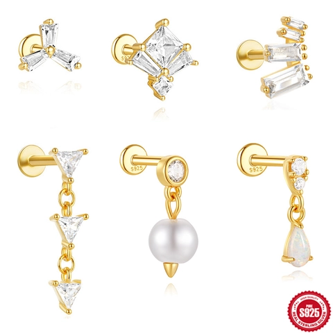925 Sterling Silver Gold Plated Cartilage Stud Earring Geometric Zirconia Pearl Opal Labret Helix Tragus Piercing Jewelry