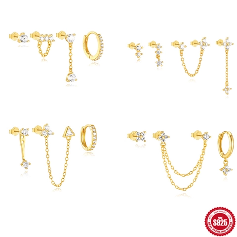 Women's S925 Sterling Silver Gold Plated Geometric Triangle Flower Tassel Earring Collection With AAAAA Zirconia Daily Jewelry