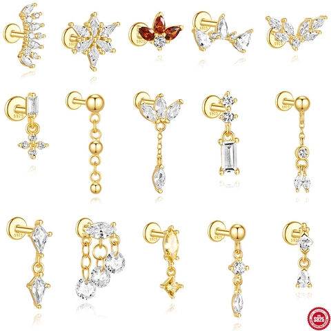 Pendientes de Botón de Cartílago de Oreja de Plata de Ley S925 para Mujer Oro Blanco Zirconia Espalda Plana Helix Piercing Joyería Flor Estrella Hoja Forma Regalo