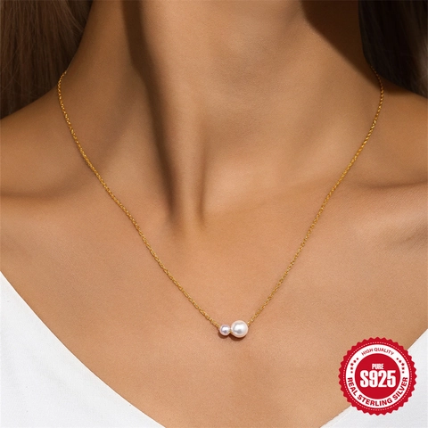 Collar de Plata de Ley 925 Chapado en Oro Con Colgante de Doble Perla Artificial Blanca Cadena en O Ajustable Joyería de Boda para Mujer
