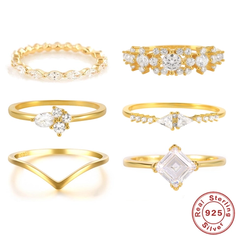 S925 Sterling Silver Ring For Women Gold Plated Zirconia Marquise Geometric Stackable Wedding Ring Jewelry Fashion Accessory