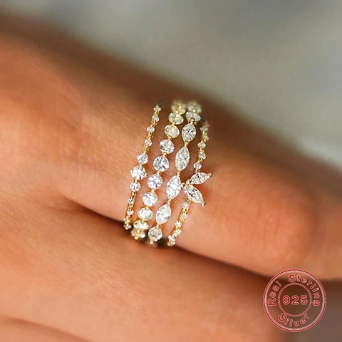 S925 Sterling Silver Ring For Women Gold Plated Zirconia Marquise Geometric Stackable Wedding Ring Jewelry Fashion Accessory