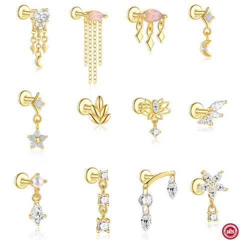 S925 Sterling Silver Gold Plated Stud Earrings Pink Opal Zirconia Artificial Pearl Lotus Star Moon Leaf Tassel Labret Piercing Jewelry Women