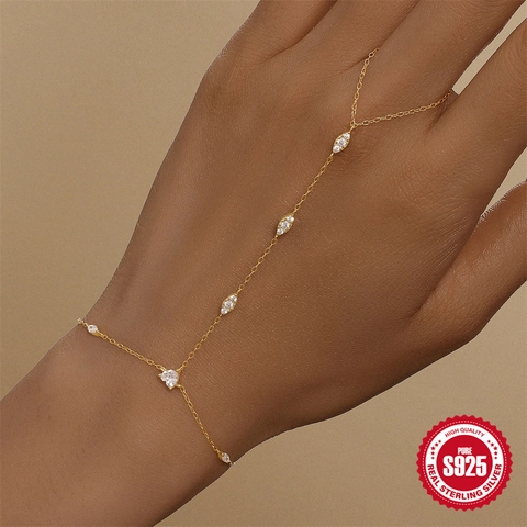 Bracciale Minimalista con Anello Collegato in Argento Sterling 925 da Donna Elegante Braccialetto da Mano con Strass Catena Geometrica Regalo Gioielli Premium