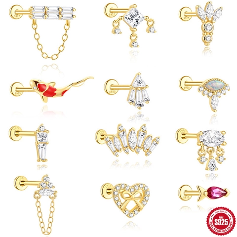 925 Sterling Silver Ear Cartilage Stud Earrings Gold Plated Zirconia Heart Bowknot Koi Fish Labret Piercing Jewelry For Women
