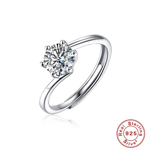 1 Carat Moissanite Ring 925 Sterling Silver Six-Prong Solitaire Adjustable Open Band Anniversary Engagement Jewelry For Women
