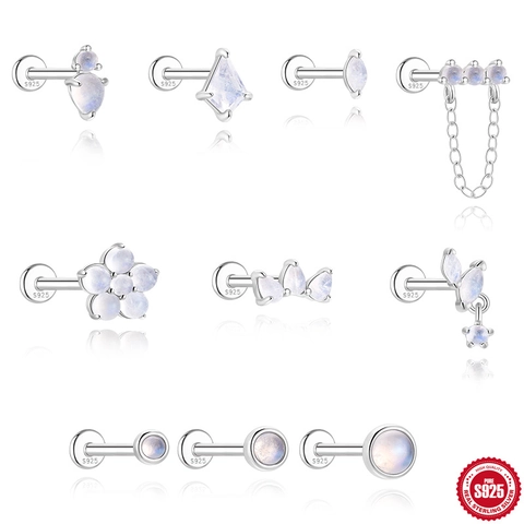 S925 Sterling Silver Natural Moonstone Flat Back Piercing Stud Earrings For Women Tiny Helix Tragus Cartilage Jewelry