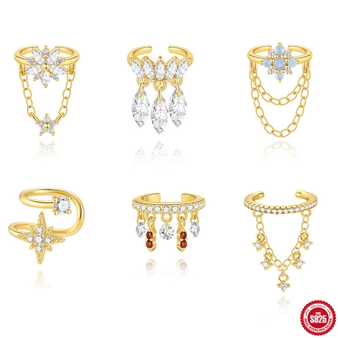 Orecchini Ear Cuff in Argento Sterling 925 Placcati Oro Zirconia Opale Blu Floreale Stella Nappa Senza Buco Donna Gioielli