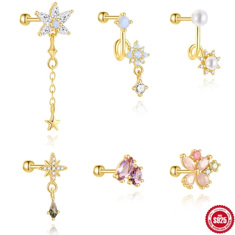Luxury 925 Sterling Silver Earring Post Gold Stud Earrings With Blue Opal Zirconia Pearl Amethyst Star Flower Cartilage Piercing Jewelry For Women