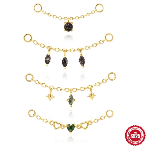 925 Sterling Silver Gold Plated Natural Black Rutilated Quartz Moss Agate Gemstone Drop Earrings Chain Piercing Accessories For Women Fashion Jewelry