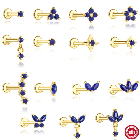 925 Sterling Silver Labret Stud Earrings Natural Lapis Lazuli Gold Plated Cartilage Stud Earring For Women Butterfly Flower Star Leaf Piercing Jewelry