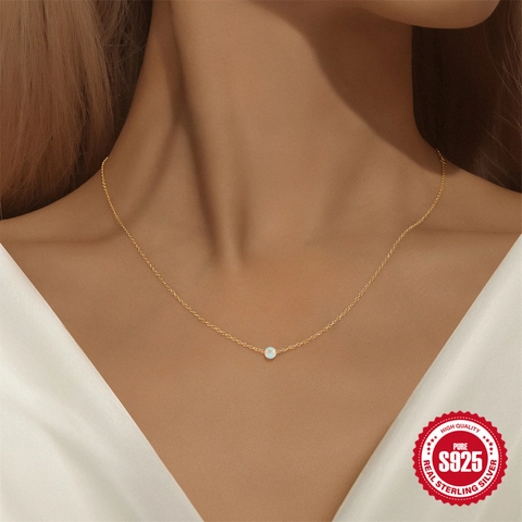 Minimalistische 925 Sterling Silber Opal Kugel Anhänger Halskette Für Damen Vergoldet Verstellbare Schlüsselbeinkette Mode Schmuck