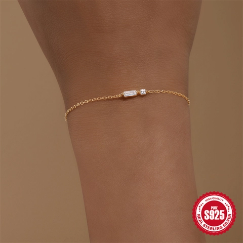 Bracciale in Argento Sterling S925 Minimalista da Donna Placcato Oro Geometrico Doppia Zirconia Catena Regolabile