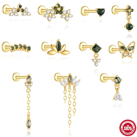 925 Ασημένιο Σκουλαρίκι Piercing με Αχάτη Μος Λουλούδι Πεταλούδα Καρδιά Χρυσό Ζιργκόν Κοσμήματα για Γυναίκες