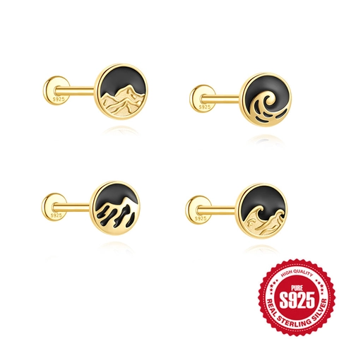 Boucles d'Oreilles Clous en Argent Sterling S925 Montagne Vague Plaquées Or Émail Rond Bijoux Piercing Cartilage Unisexe