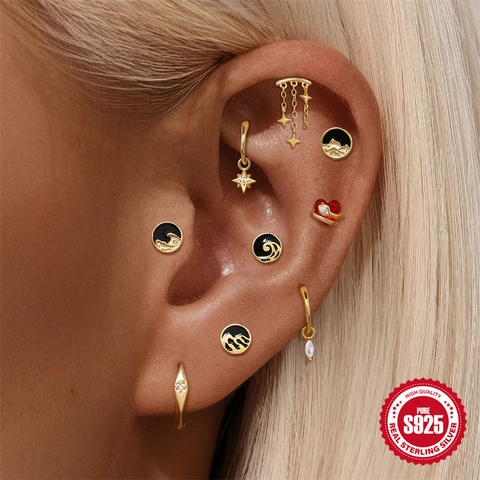 Boucles d'Oreilles Clous en Argent Sterling S925 Montagne Vague Plaquées Or Émail Rond Bijoux Piercing Cartilage Unisexe