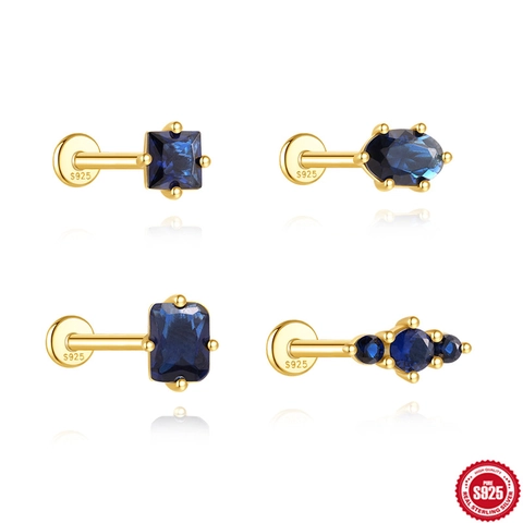 S925 Sterling Silver Earring Post Blue Zircon Geometric Stud Earrings For Women Gold Plated Square Oval Piercing Jewelry