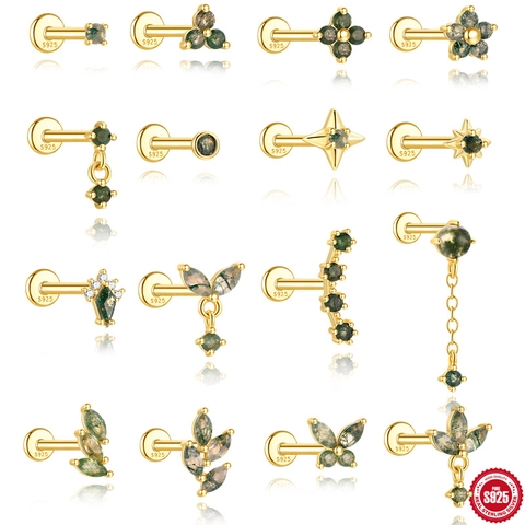 925 Sterling Silber Flachrücken Ohrknochenstecker Natürlicher Moosachat Stern Schmetterling Blatt Piercing Ohrringe Damen