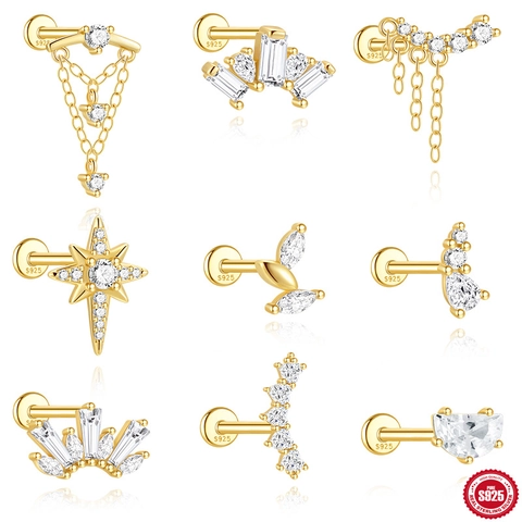 S925 Sterling Silver Ear Cartilage Stud Earrings Gold Plated Zirconia Crown Tassel North Star Leaf Piercing Jewelry For Women