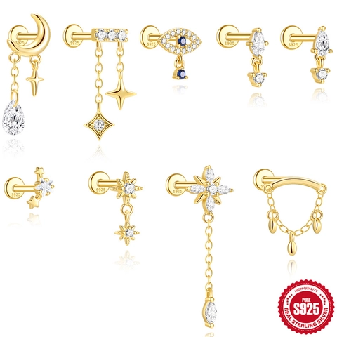 925 Sterlingsilber Ohrknorpel Ohrstecker Vergoldet Zirkonia Mond Stern Böser Blick Wassertropfen Piercing Schmuck Für Damen