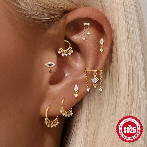 925 Sterlingsilber Ohrknorpel Ohrstecker Vergoldet Zirkonia Mond Stern Böser Blick Wassertropfen Piercing Schmuck Für Damen