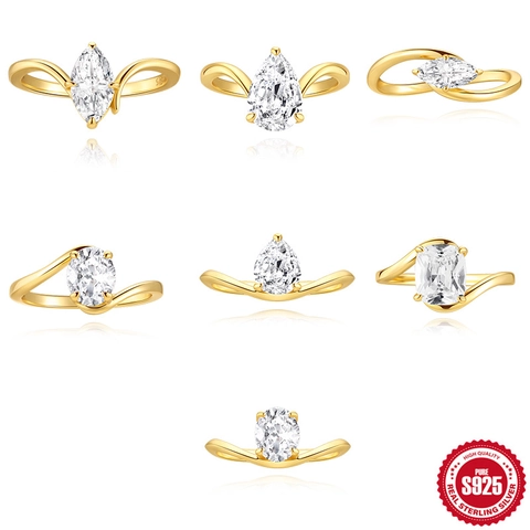 Luxury 925 Sterling Silver Gold Plated Zirconia Wedding Ring Elegant Marquise Pear Oval Cushion Cut Finger Jewelry For Women